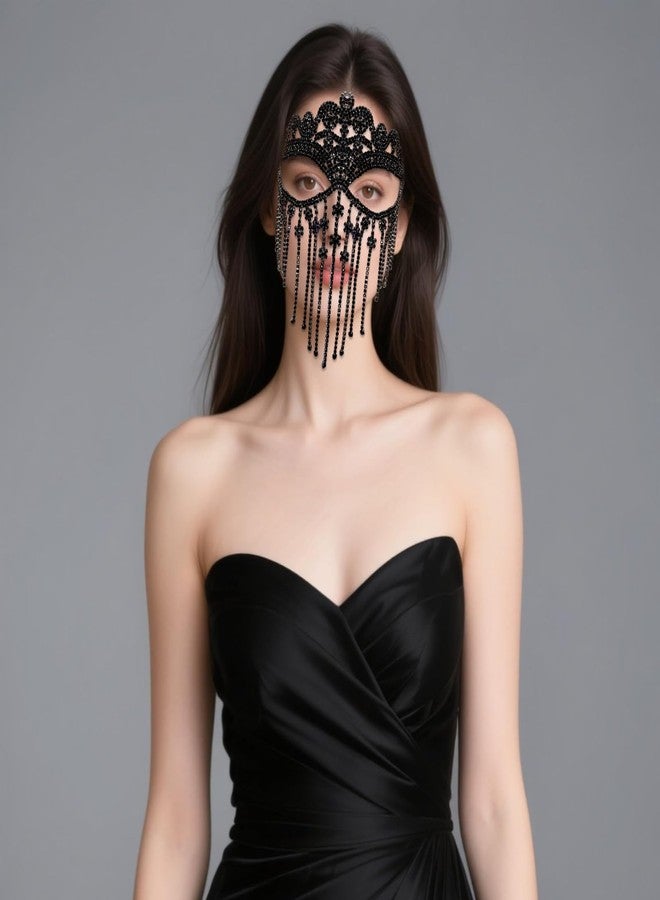 Avxdbr Tassel Mask Chain Gothic Veil Chain Costume Party Mask for Women Rhinestone Face Jewelry for Prom Night Clubs Christmas Halloween - Image 5